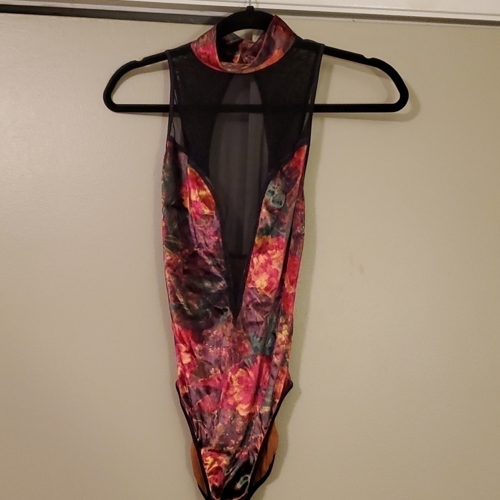Victoria's Secret Floral Velvet and Mesh Bodysuit Sz Small